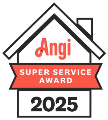 Angi Super Service Award 2025 badge with house outline and red ribbon text
